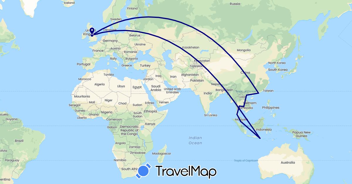 TravelMap itinerary: driving in China, United Kingdom, Indonesia, Cambodia, Malaysia, Singapore, Thailand, Vietnam (Asia, Europe)